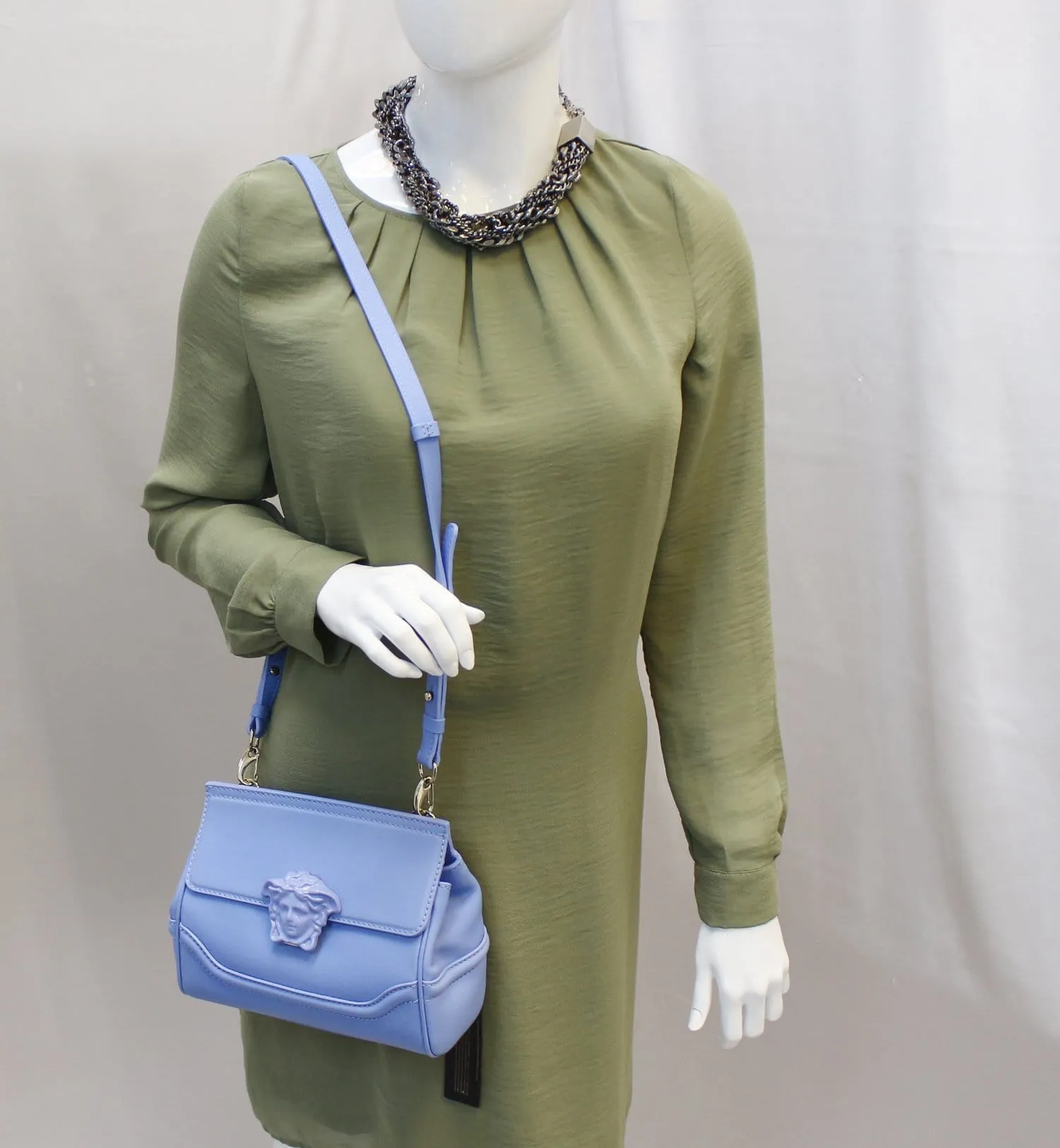 VERSACE Small Empire Palazzo Blue Leather Crossbody Bag