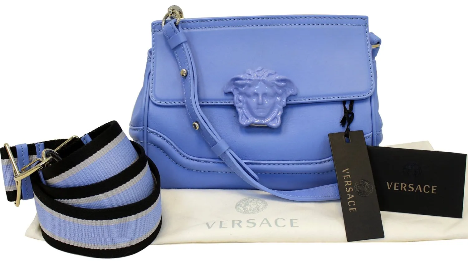 VERSACE Small Empire Palazzo Blue Leather Crossbody Bag