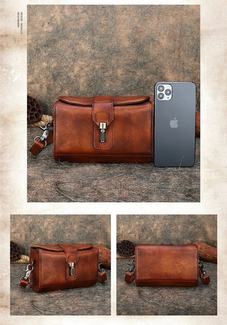 Vintage Brown Leather Womens Box Shoulder Bag School Crossbody Purse for Women