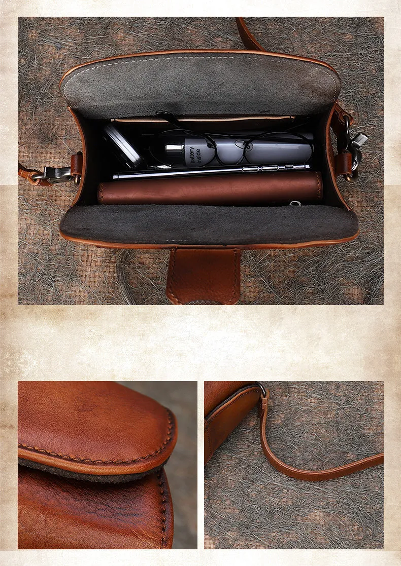 Vintage Brown Leather Womens Box Shoulder Bag School Crossbody Purse for Women