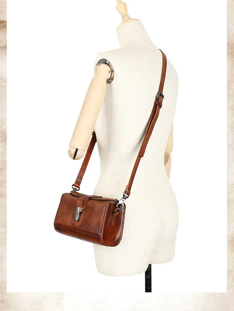 Vintage Brown Leather Womens Box Shoulder Bag School Crossbody Purse for Women