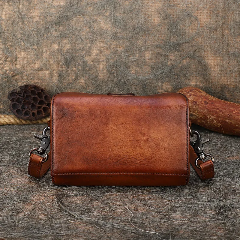 Vintage Brown Leather Womens Box Shoulder Bag School Crossbody Purse for Women