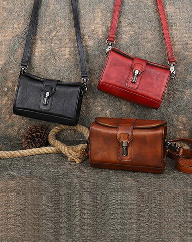 Vintage Brown Leather Womens Box Shoulder Bag School Crossbody Purse for Women
