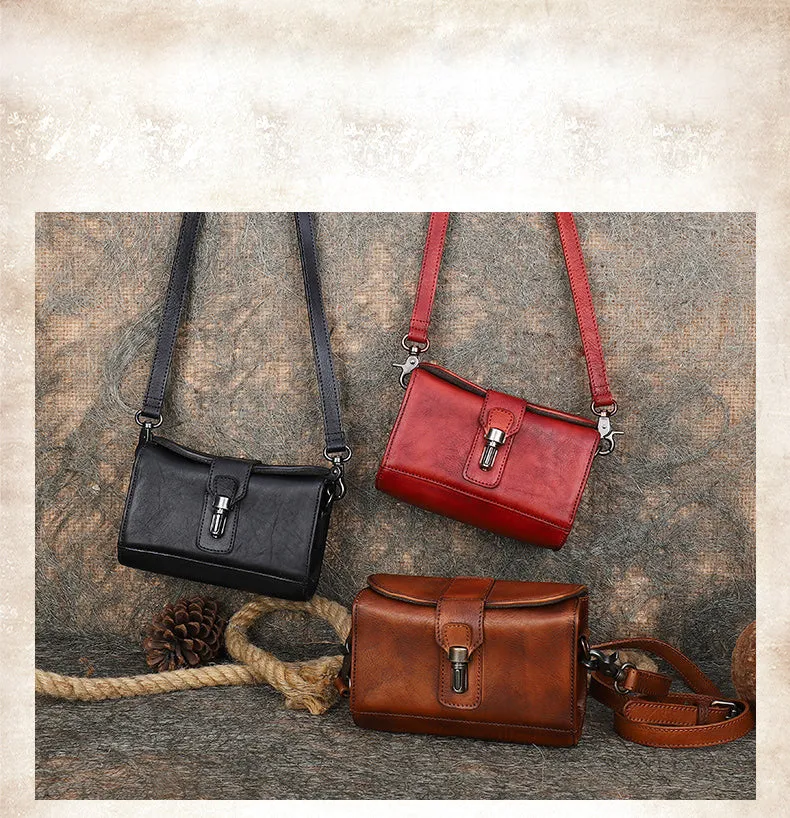 Vintage Brown Leather Womens Box Shoulder Bag School Crossbody Purse for Women