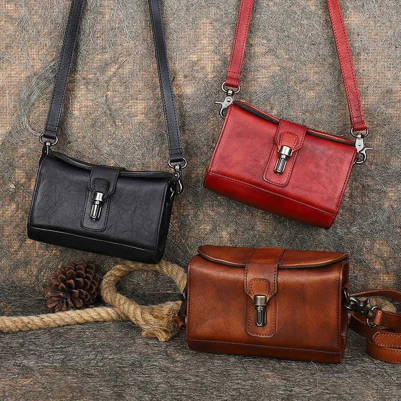 Vintage Brown Leather Womens Box Shoulder Bag School Crossbody Purse for Women