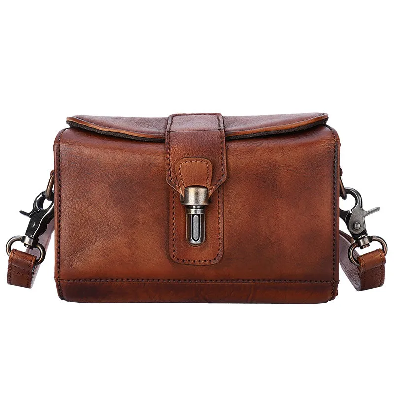 Vintage Brown Leather Womens Box Shoulder Bag School Crossbody Purse for Women