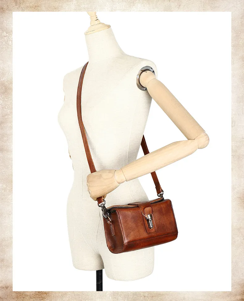 Vintage Brown Leather Womens Box Shoulder Bag School Crossbody Purse for Women