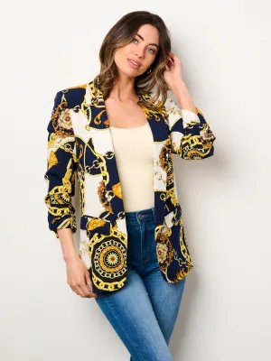WOMEN'S 3/4 RUCHED SLEEVES OPEN FRONT POCKETS PRINTED BLAZER