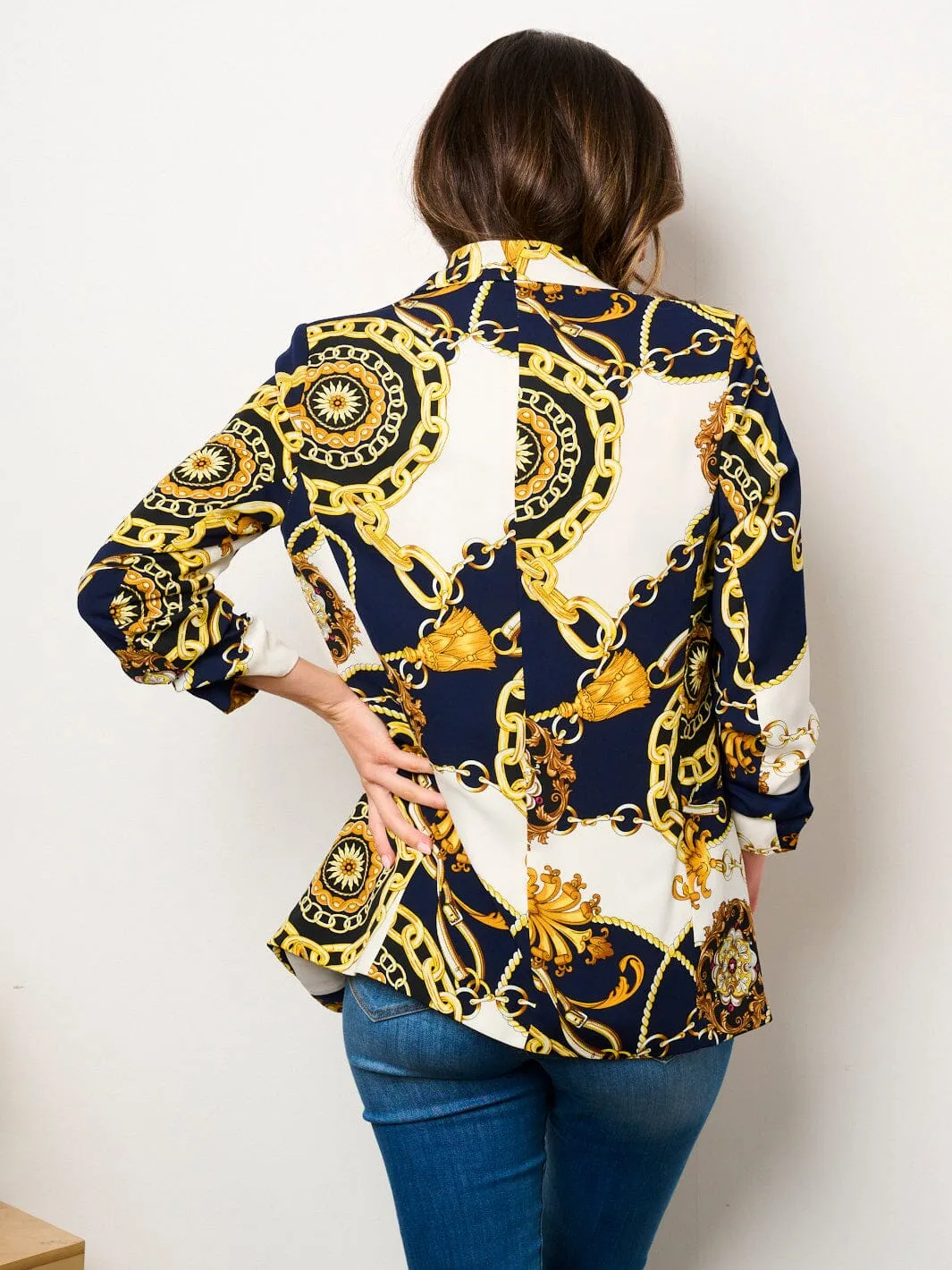 WOMEN'S 3/4 RUCHED SLEEVES OPEN FRONT POCKETS PRINTED BLAZER