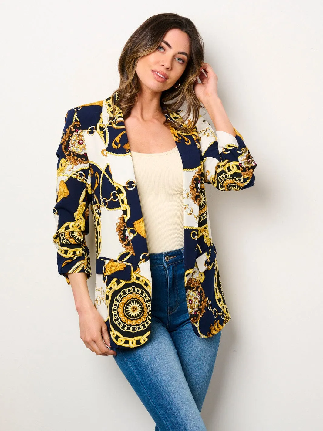 WOMEN'S 3/4 RUCHED SLEEVES OPEN FRONT POCKETS PRINTED BLAZER