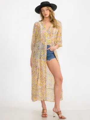 WOMEN'S 3/4 SLEEVE BUTTON UP MULTI PRINT KIMONO