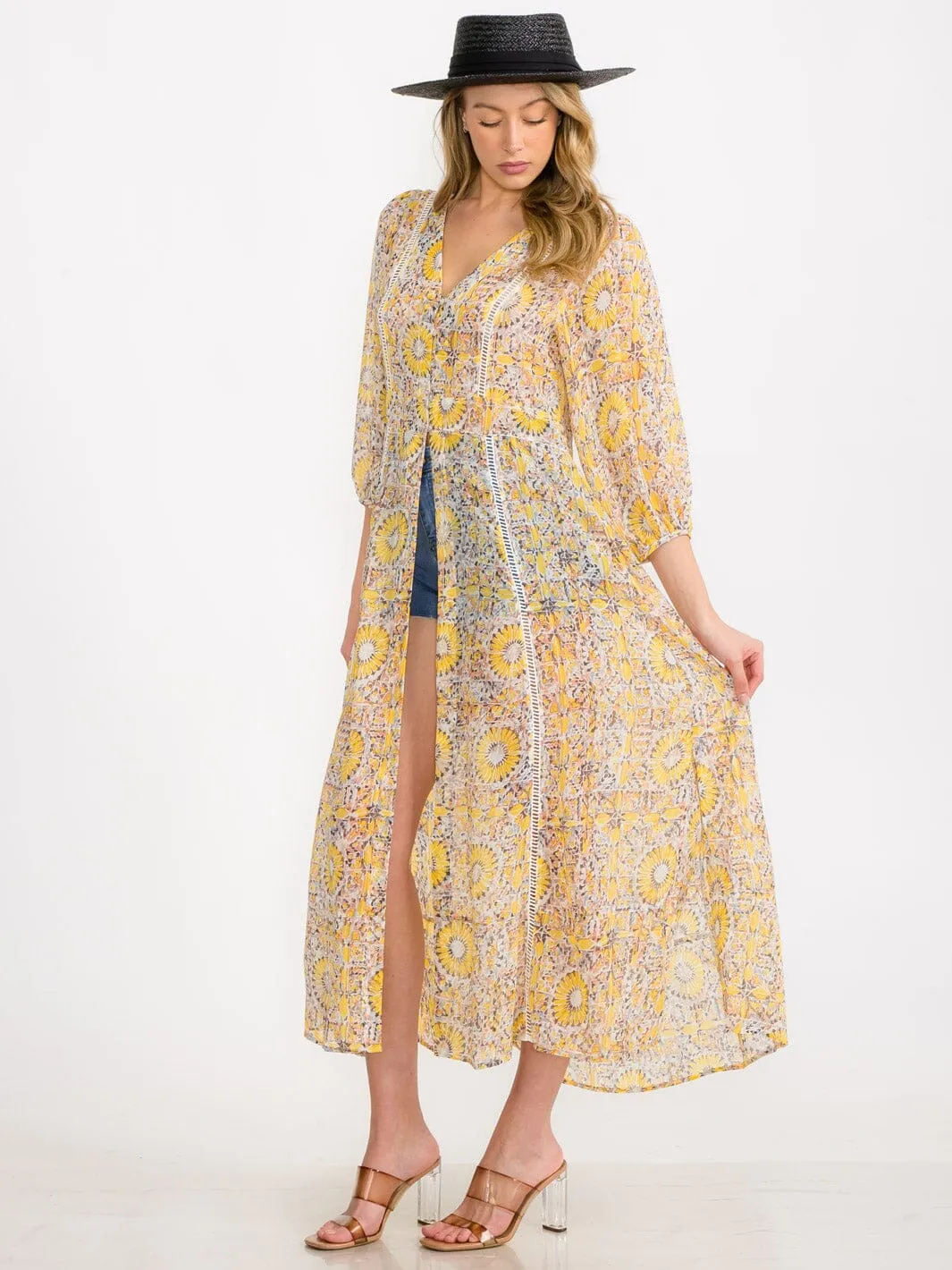 WOMEN'S 3/4 SLEEVE BUTTON UP MULTI PRINT KIMONO