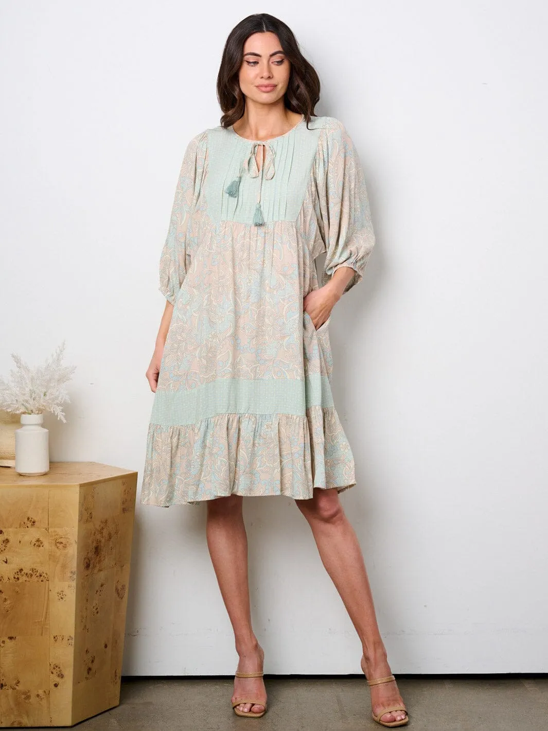 WOMEN'S 3/4 SLEEVE NECK TIE POCKETS TUNIC MULTI PRINT MIDI DRESS