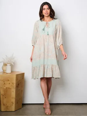 WOMEN'S 3/4 SLEEVE NECK TIE POCKETS TUNIC MULTI PRINT MIDI DRESS