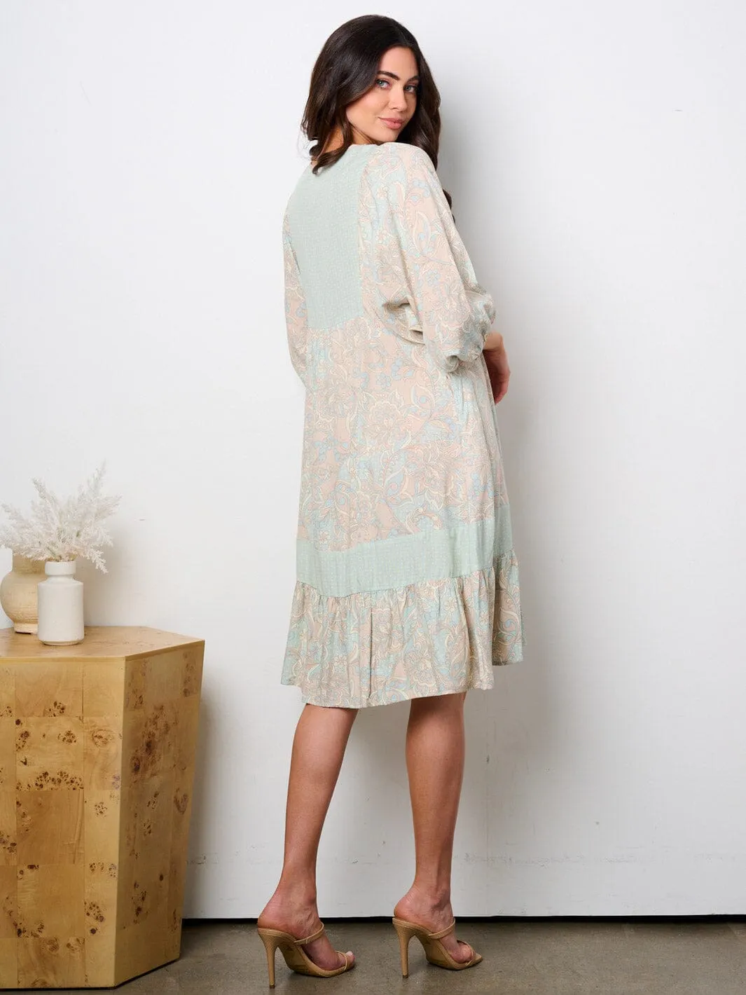 WOMEN'S 3/4 SLEEVE NECK TIE POCKETS TUNIC MULTI PRINT MIDI DRESS