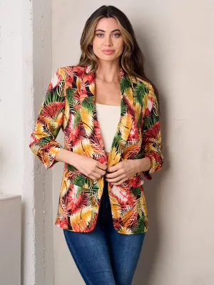 WOMEN'S 3/4 SLEEVE OPEN FRONT LEAF PRINT BLAZER