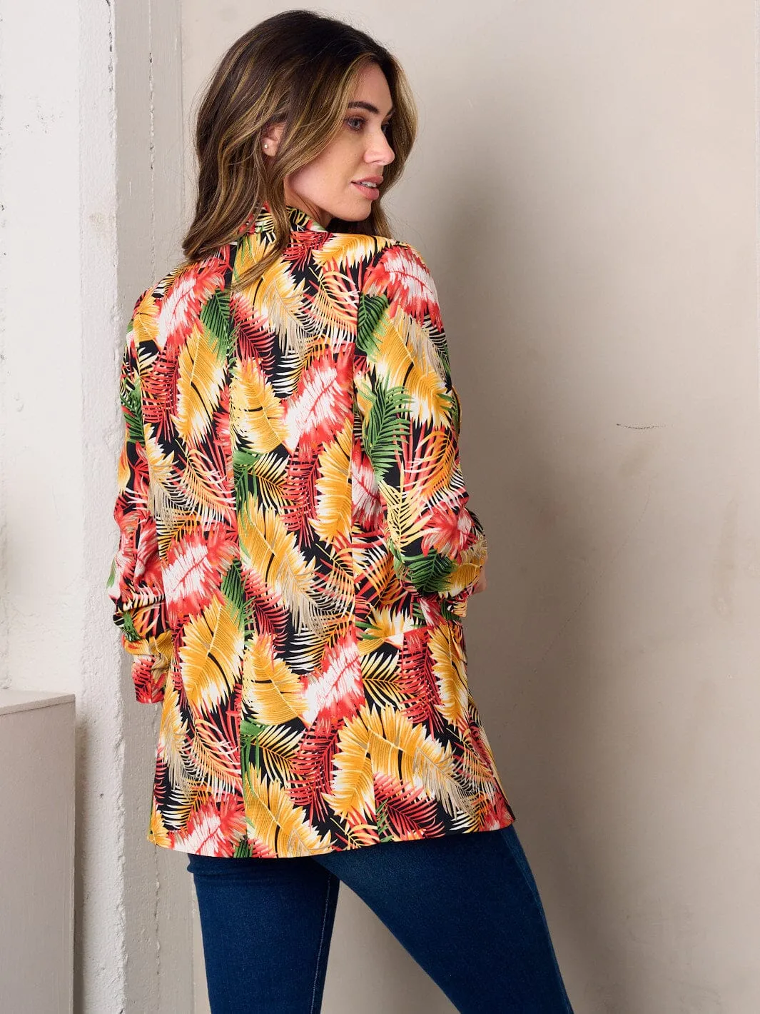 WOMEN'S 3/4 SLEEVE OPEN FRONT LEAF PRINT BLAZER