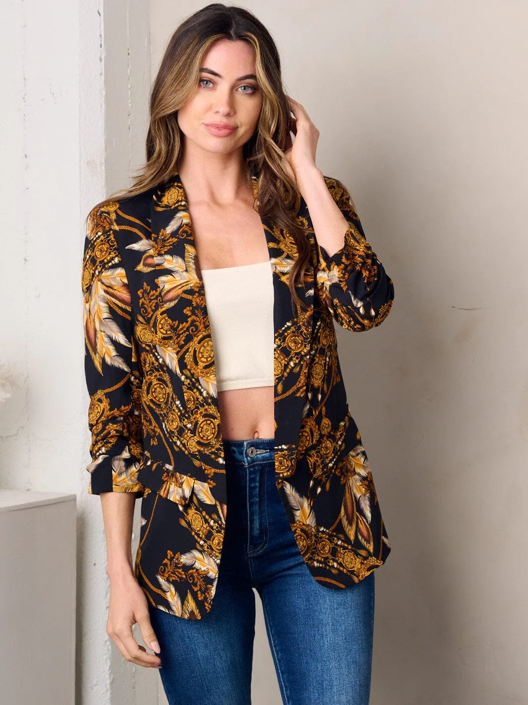 WOMEN'S 3/4 SLEEVE OPEN FRONT MULTI PRINT BLAZER