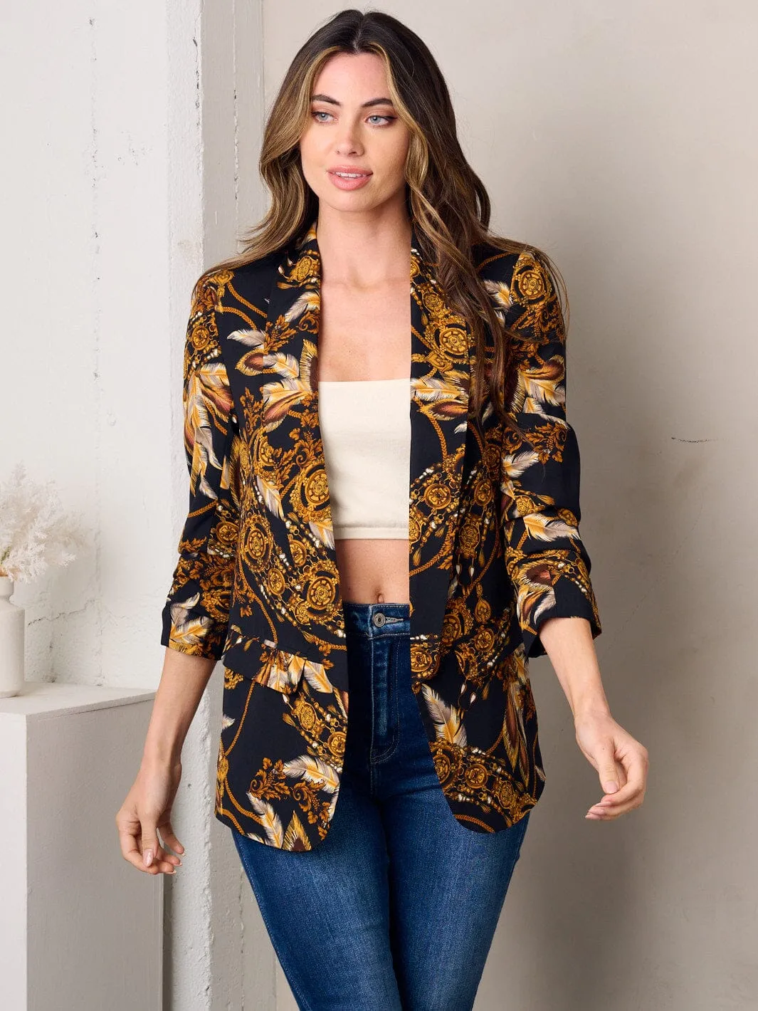 WOMEN'S 3/4 SLEEVE OPEN FRONT MULTI PRINT BLAZER