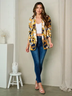 WOMEN'S 3/4 SLEEVE OPEN FRONT MULTI PRINT BLAZER