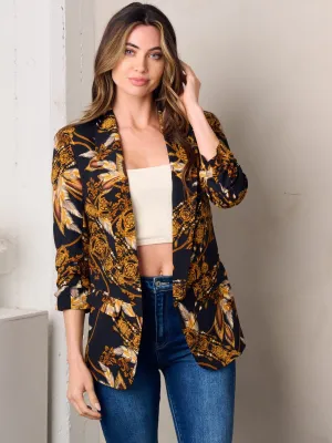 WOMEN'S 3/4 SLEEVE OPEN FRONT MULTI PRINT BLAZER