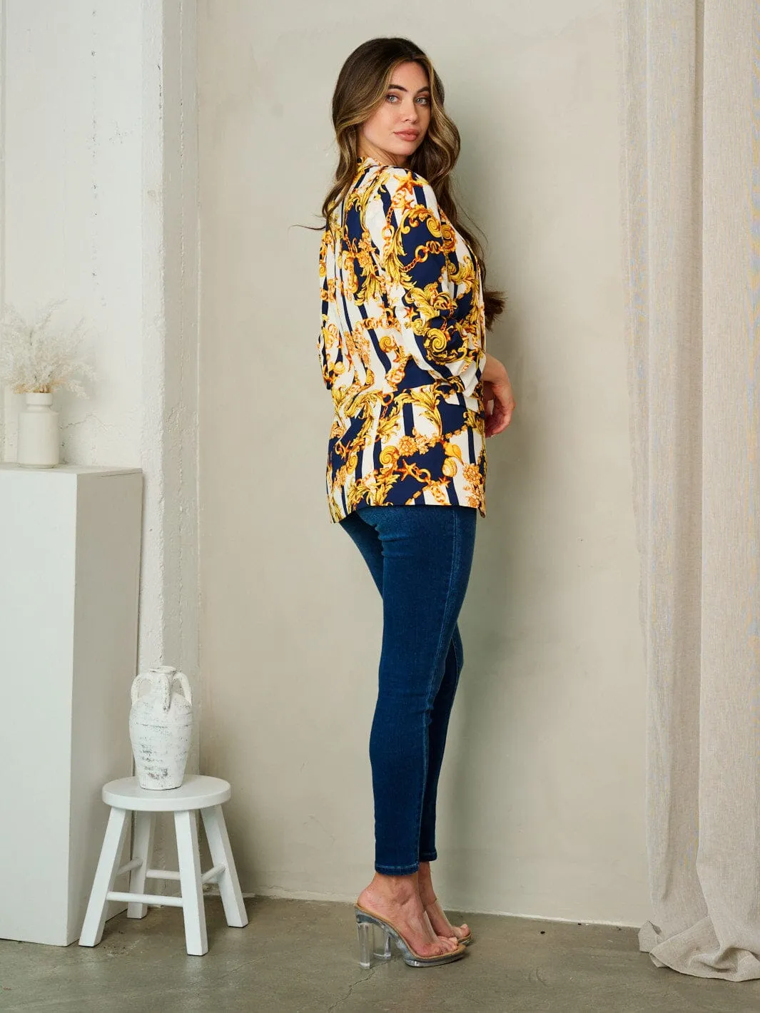 WOMEN'S 3/4 SLEEVE OPEN FRONT MULTI PRINT BLAZER