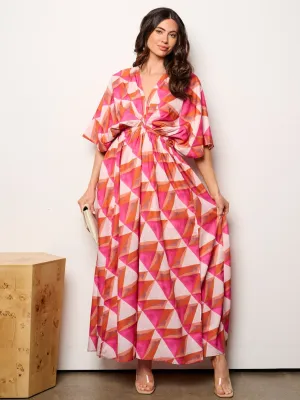 WOMEN'S 3/4 SLEEVE V-NECK ELASTIC WAIST MULTI PRINT MAXI DRESS