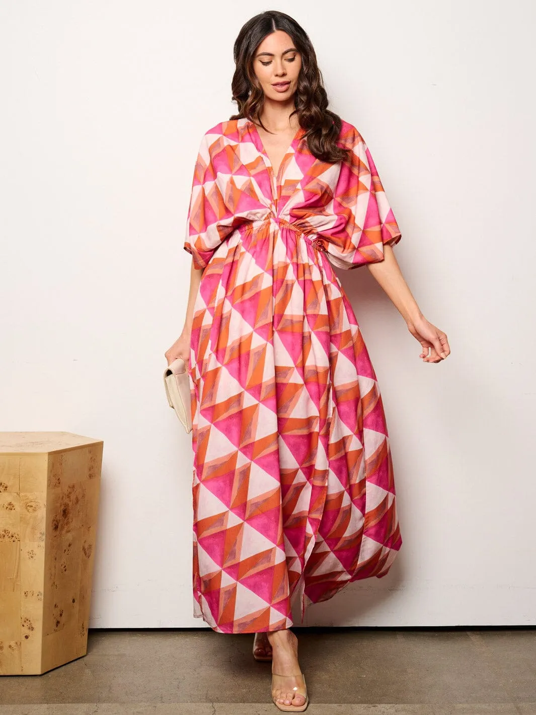 WOMEN'S 3/4 SLEEVE V-NECK ELASTIC WAIST MULTI PRINT MAXI DRESS