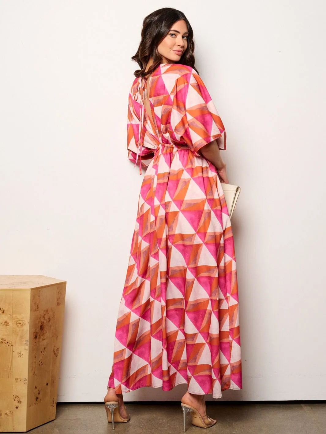 WOMEN'S 3/4 SLEEVE V-NECK ELASTIC WAIST MULTI PRINT MAXI DRESS