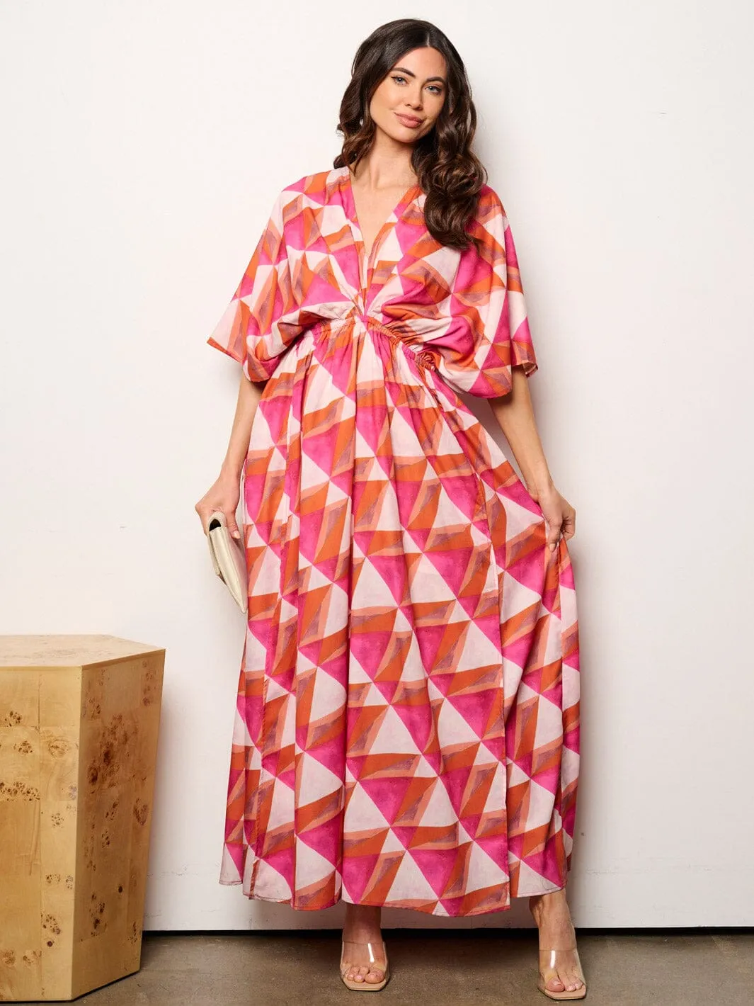 WOMEN'S 3/4 SLEEVE V-NECK ELASTIC WAIST MULTI PRINT MAXI DRESS