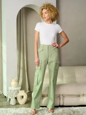 WOMEN'S BUTTON CLOSURE CARGO POCKETS WIDE LEG DENIM PANTS