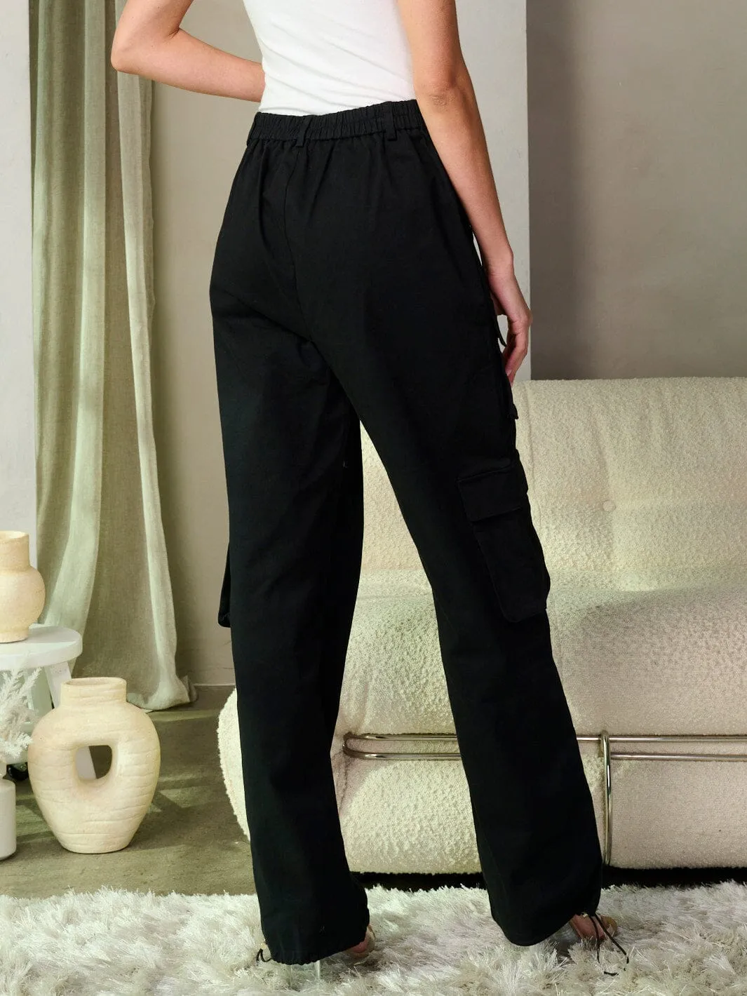 WOMEN'S BUTTON CLOSURE CARGO POCKETS WIDE LEG DENIM PANTS