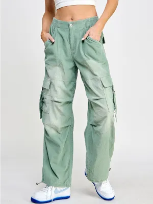 WOMEN'S BUTTON CLOSURE CARGO POCKETS WIDE LEG WASHED CORDUROY PANTS