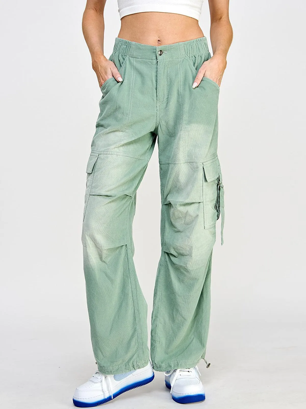 WOMEN'S BUTTON CLOSURE CARGO POCKETS WIDE LEG WASHED CORDUROY PANTS