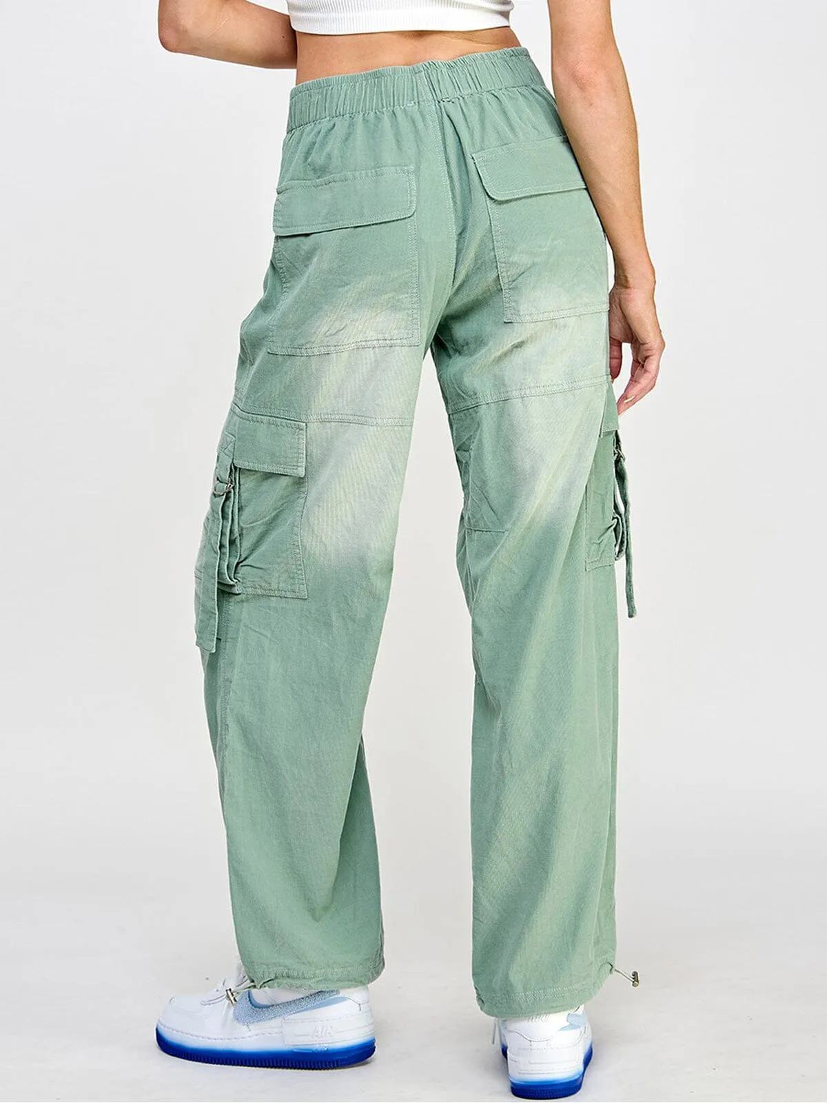 WOMEN'S BUTTON CLOSURE CARGO POCKETS WIDE LEG WASHED CORDUROY PANTS
