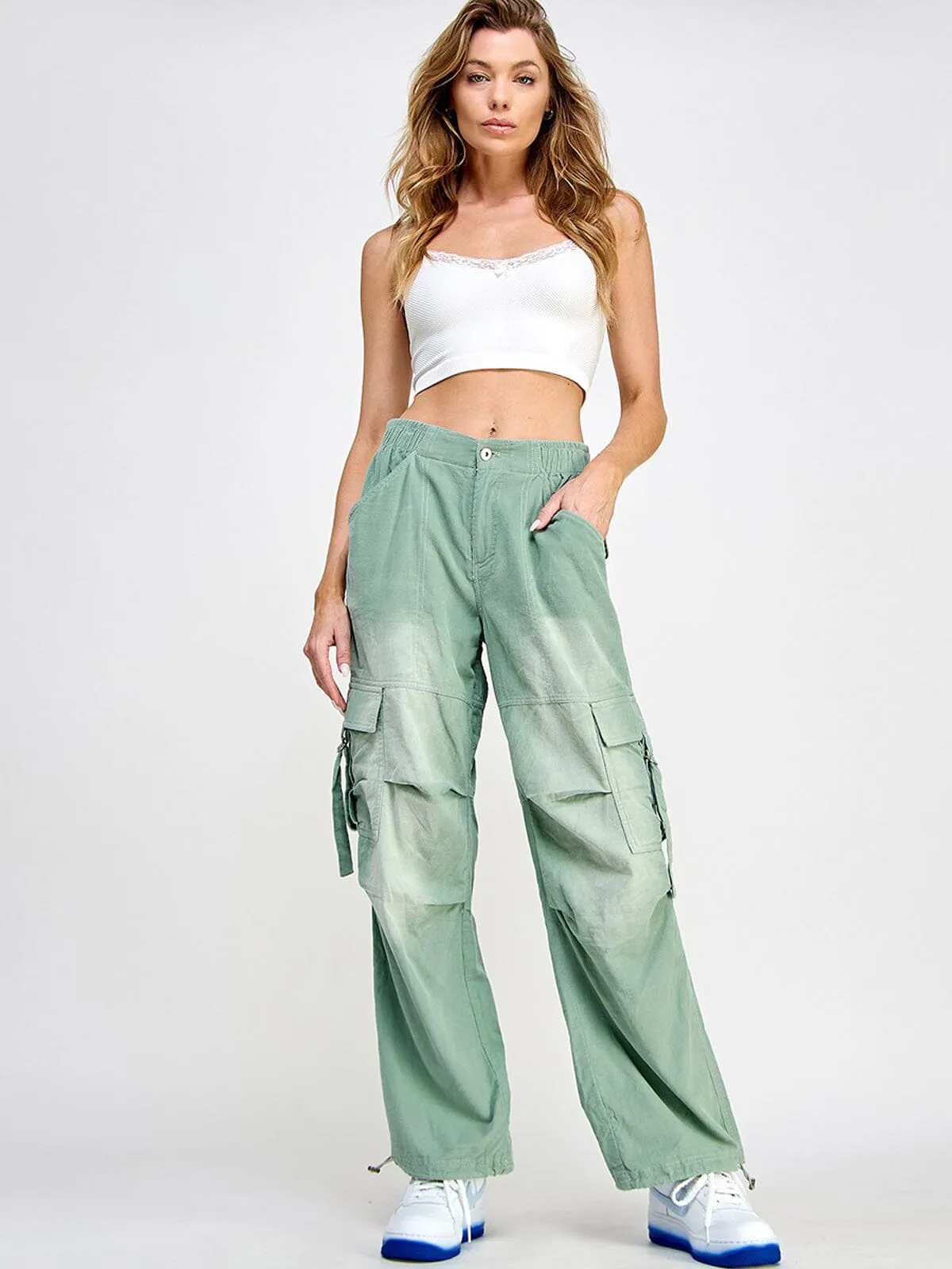 WOMEN'S BUTTON CLOSURE CARGO POCKETS WIDE LEG WASHED CORDUROY PANTS