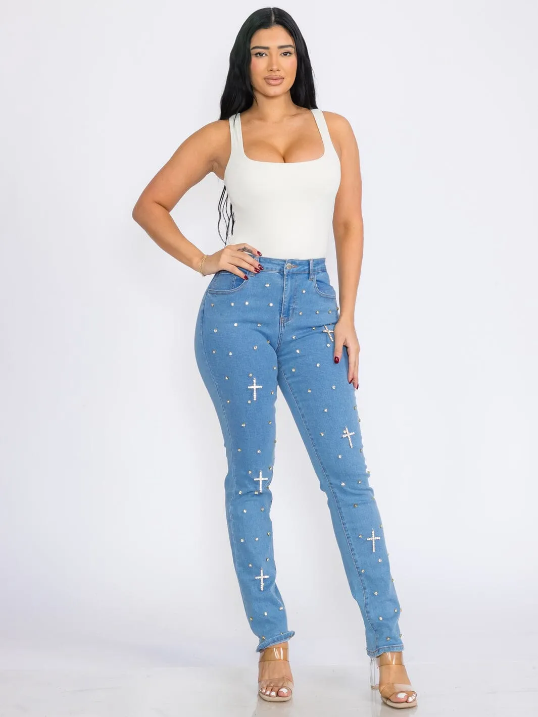 WOMEN'S BUTTON CLOSURE POCKETS CROSS STRETCH DENIM SKINNY JEANS