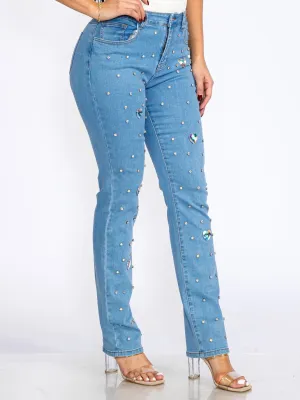 WOMEN'S BUTTON CLOSURE POCKETS HEART RHIMESTONE STRETCH DENIM SKINNY JEANS