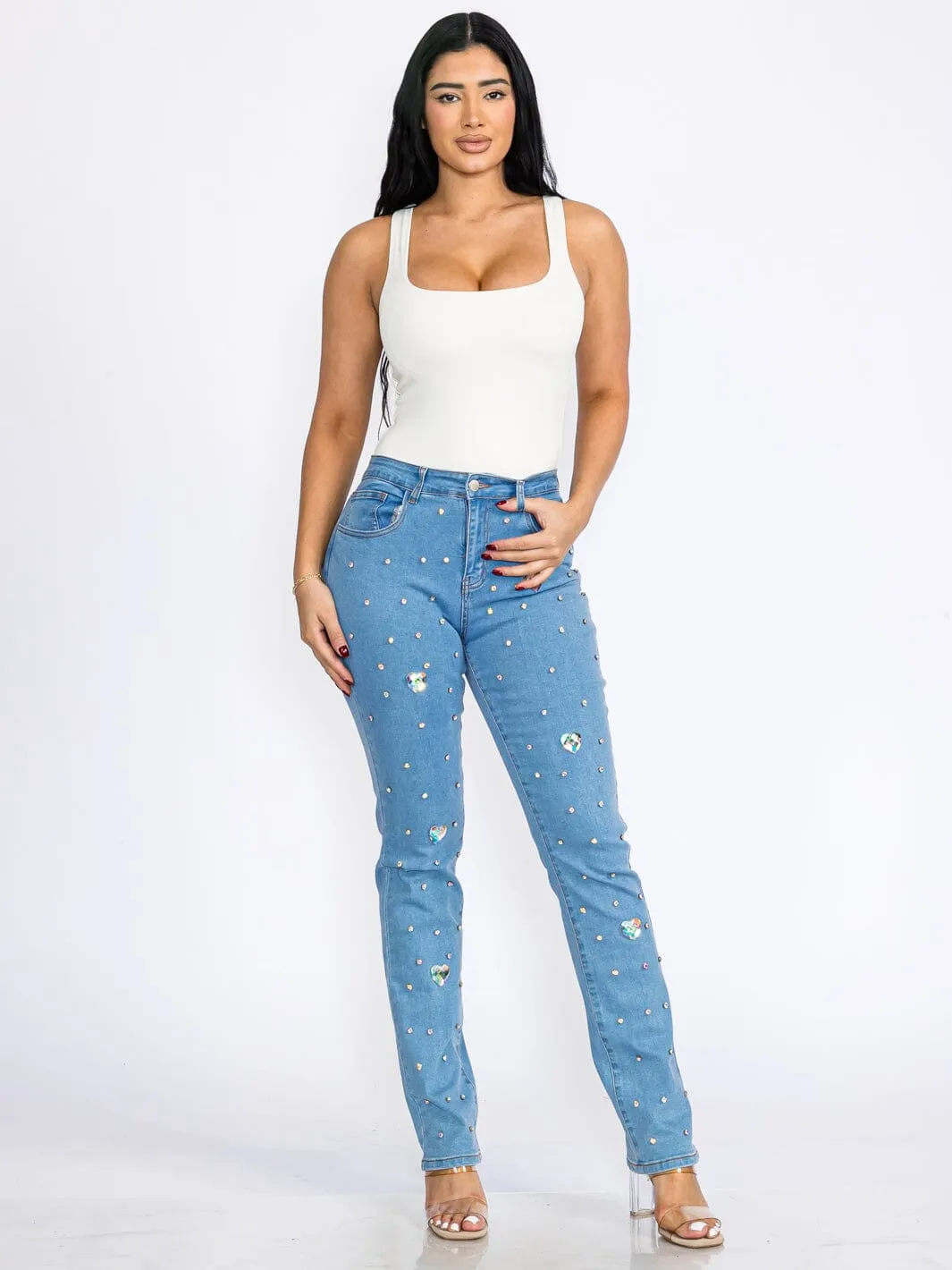 WOMEN'S BUTTON CLOSURE POCKETS HEART RHIMESTONE STRETCH DENIM SKINNY JEANS