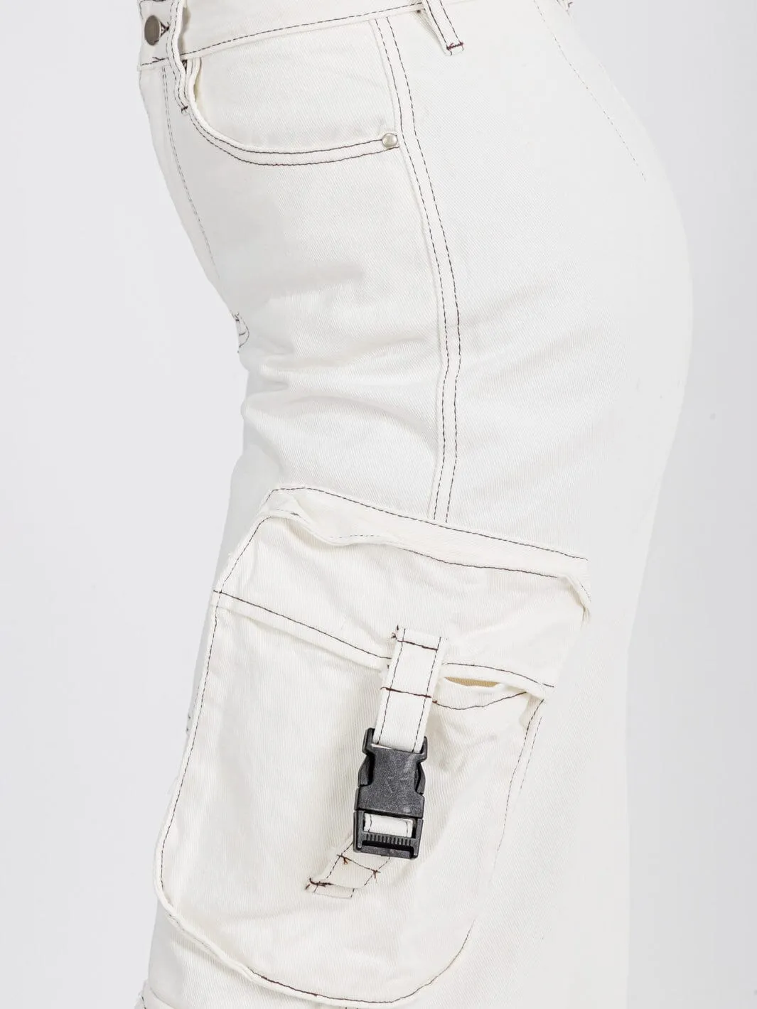 WOMEN'S BUTTON CLOSURE POCKETS WIDE LEG DENIM PANTS
