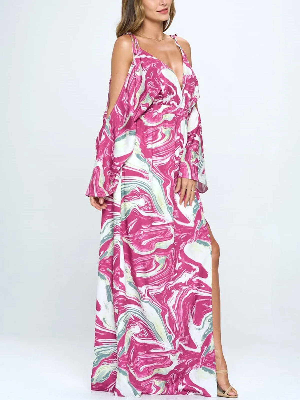 WOMEN'S COLD SHOULDER V-NECK FRONT SLIT MAXI DRESS