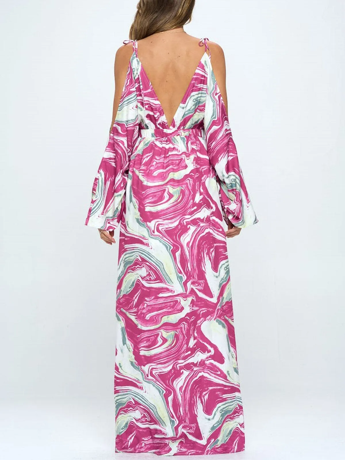 WOMEN'S COLD SHOULDER V-NECK FRONT SLIT MAXI DRESS