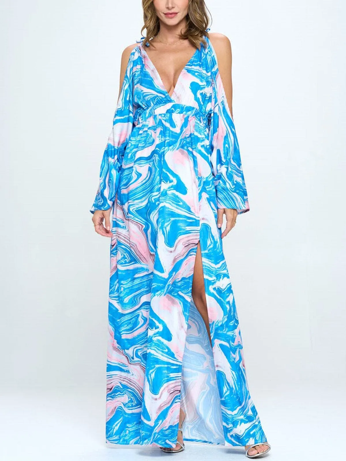 WOMEN'S COLD SHOULDER V-NECK FRONT SLIT MAXI DRESS