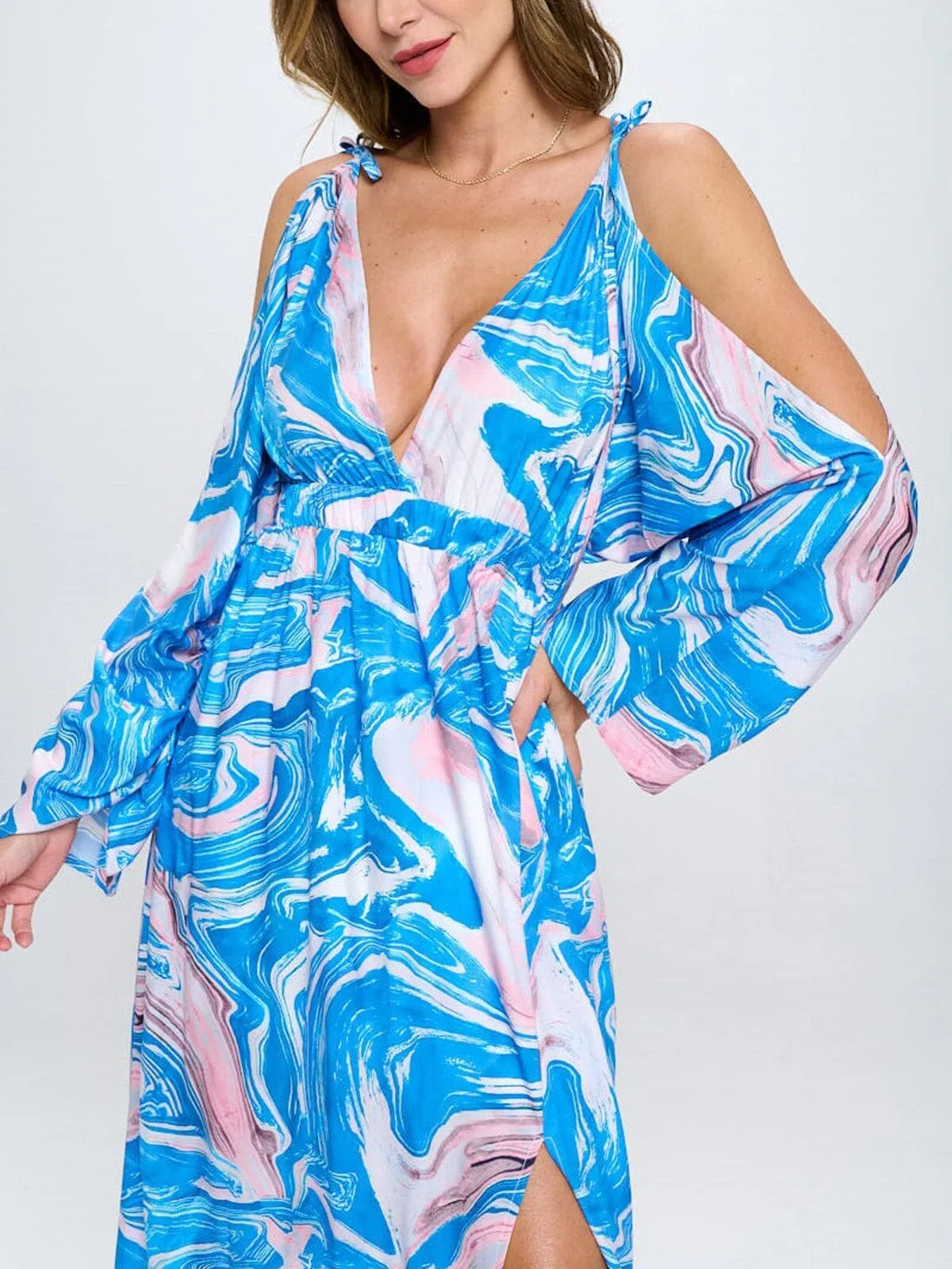 WOMEN'S COLD SHOULDER V-NECK FRONT SLIT MAXI DRESS