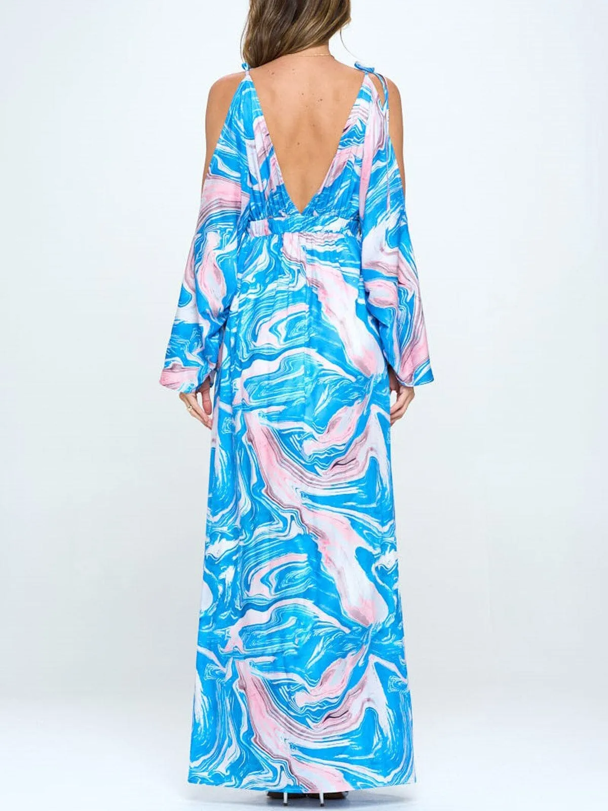 WOMEN'S COLD SHOULDER V-NECK FRONT SLIT MAXI DRESS