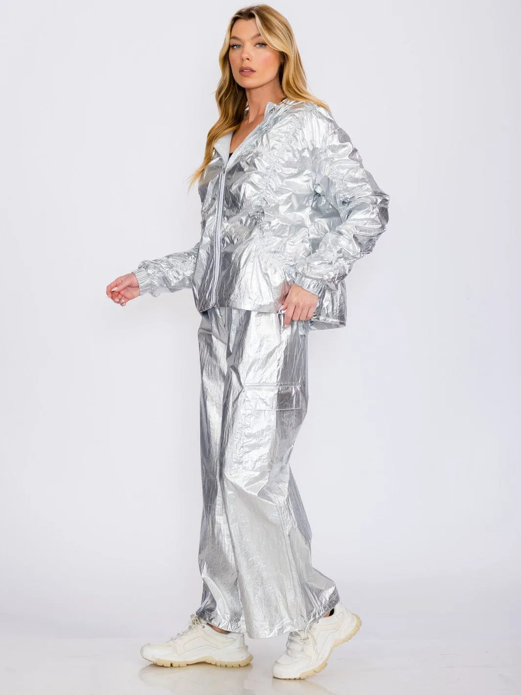WOMEN'S ELASTIC WAIST CARGO POCKETS METALLIC ADJUSTABLE WIDE LEG PANTS