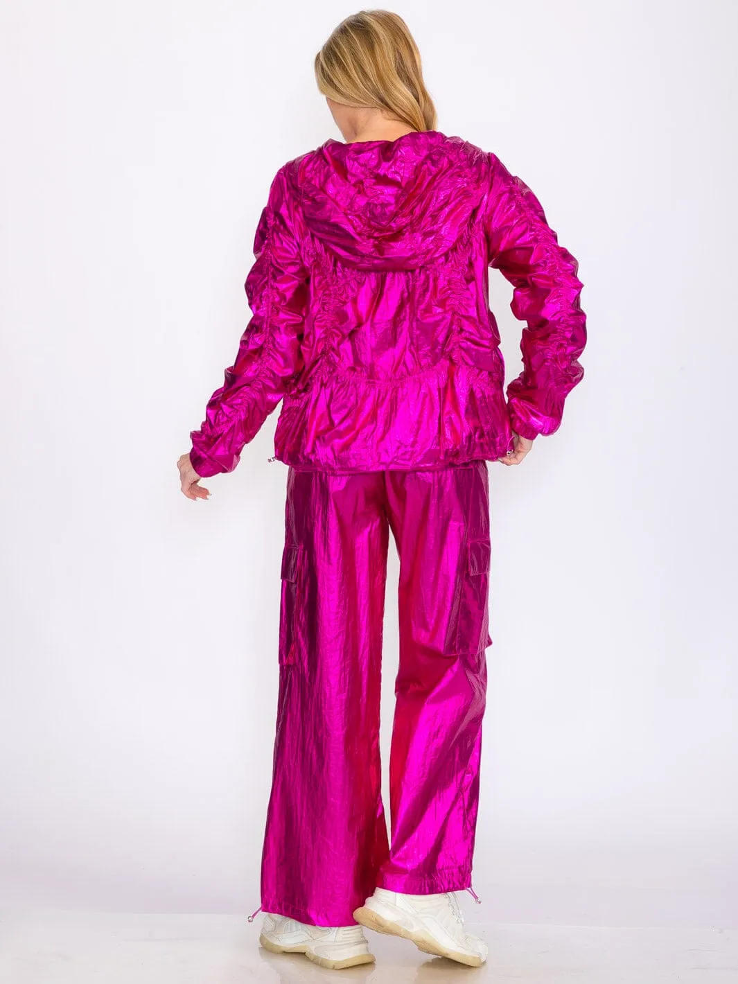WOMEN'S ELASTIC WAIST CARGO POCKETS METALLIC ADJUSTABLE WIDE LEG PANTS