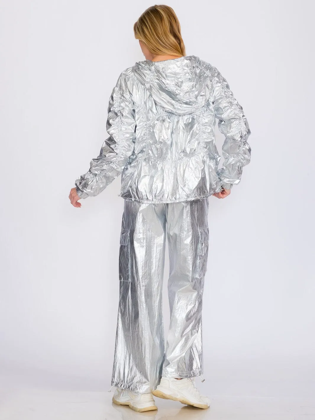 WOMEN'S ELASTIC WAIST CARGO POCKETS METALLIC ADJUSTABLE WIDE LEG PANTS