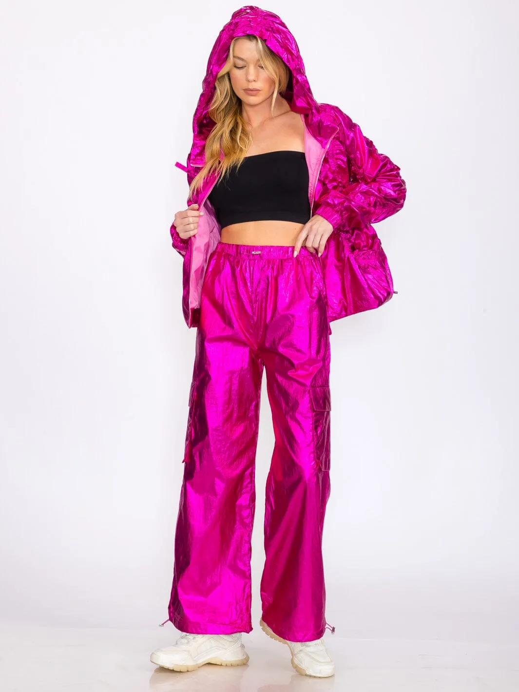 WOMEN'S ELASTIC WAIST CARGO POCKETS METALLIC ADJUSTABLE WIDE LEG PANTS
