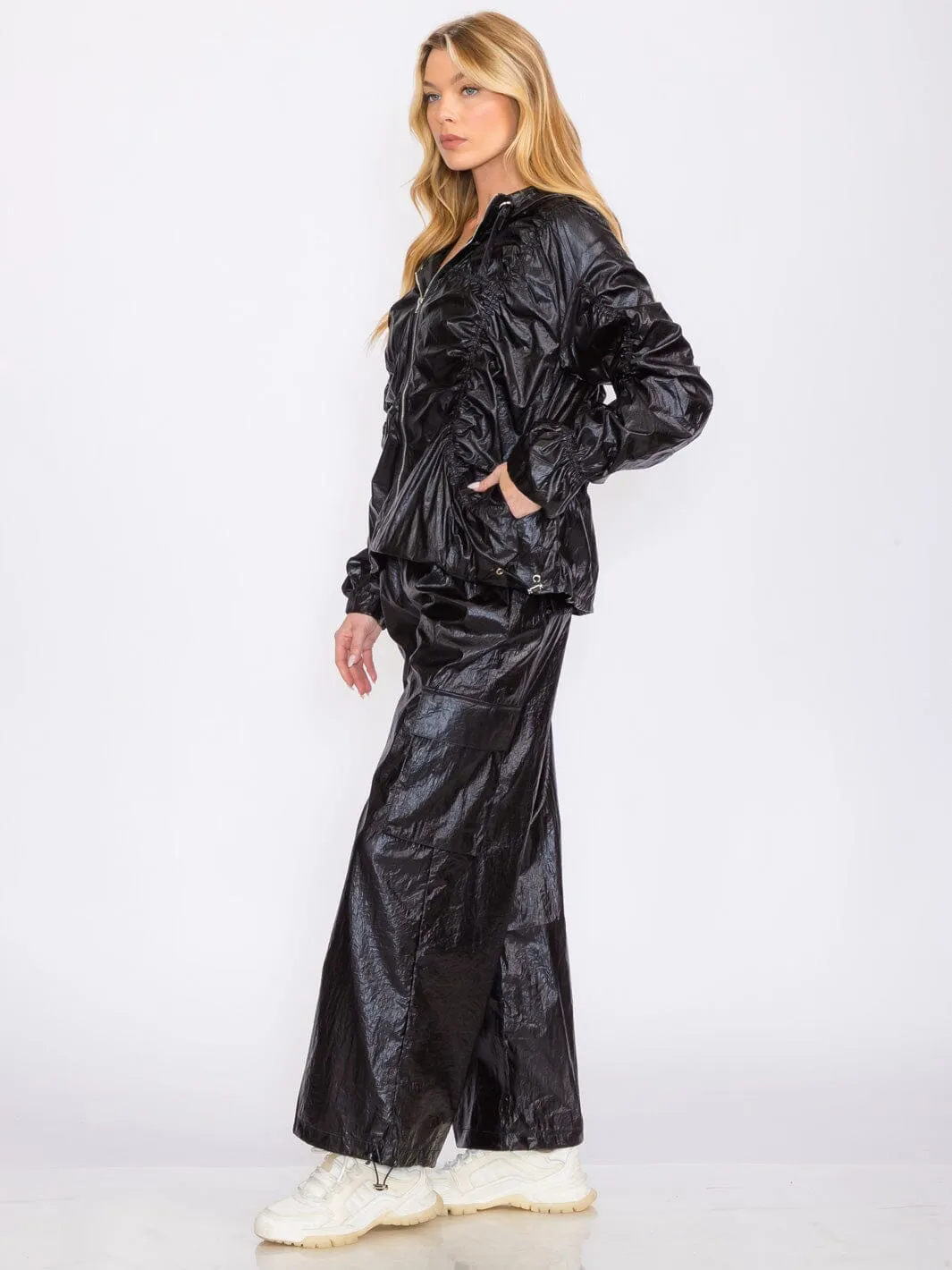 WOMEN'S ELASTIC WAIST CARGO POCKETS METALLIC ADJUSTABLE WIDE LEG PANTS